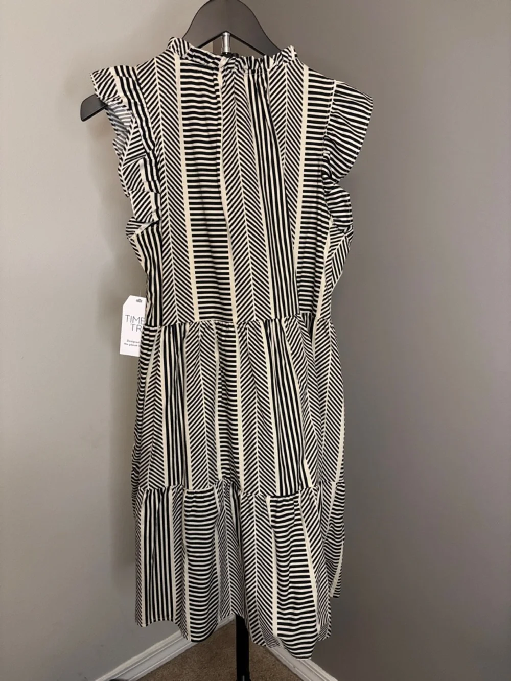 Time and Tru Black and White Striped Ruffle Sleeve Midi Dress - Picture 3 of 5